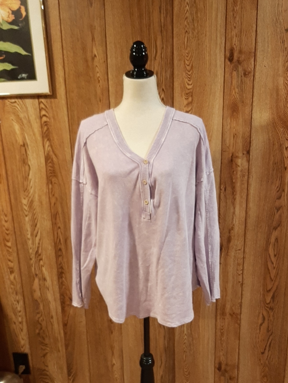 J.HER Long-Sleeve Mineral-Washed V-Neck Henley Thermal Terry Lilac Top (L)